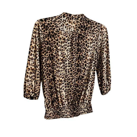 Twenty One Leopard Print Top Ruffle Size S Accent Tie Neck Elastic Waist Spring - Picture 13 of 15